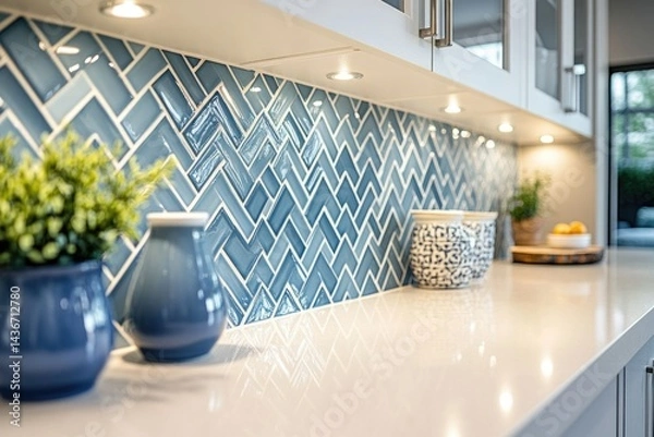 Fototapeta Elegant kitchen backsplash with a herringbone pattern in shades of blue, accented by subtle lighting and blue pottery.
