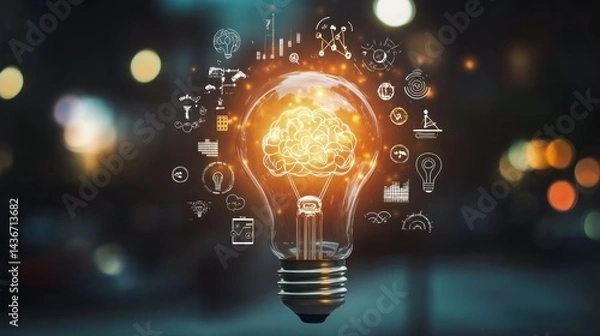Fototapeta Illuminated brain inside lightbulb, city bokeh; idea generation