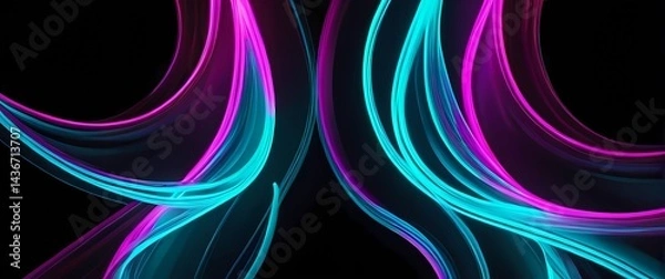 Obraz Flowing movable light neon forms casting vibrant aqua and fuchsia highlights on modern black background