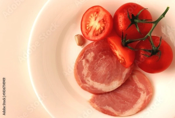 Fototapeta Snack plate. A sprig of tomatoes. Half a tomato. A clove of garlic. Slices of sliced ham