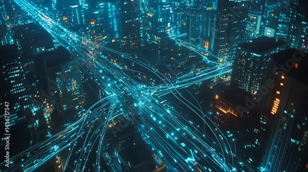 Obraz Night lights, a city of modern business and smart digital innovation with a network of interconnected rewards over the cityscape of the future smart wireless digital city and social media network that