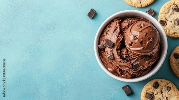 Fototapeta National ice cream day with chocolate sweet idea. Delicious chocolate ice cream with cookies on a teal background.