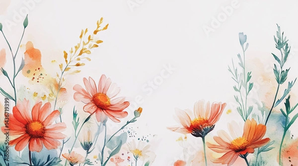 Fototapeta watercolor botanical Chamomile flowers texture template background.Elegant wedding invitation card background . Minimal hand painted Design for wedding or Valentine's Day