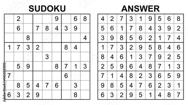 Fototapeta Vector sudoku with answer 43. Educational game with numbers for kids and leisure for adult on white background.