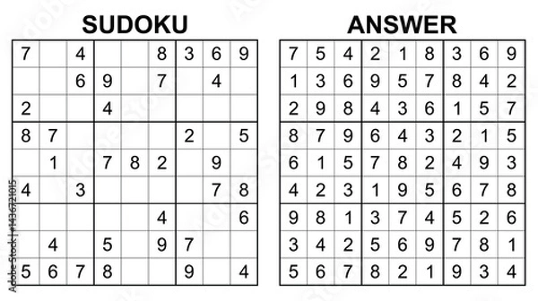 Fototapeta Vector sudoku with answer 42. Educational game with numbers for kids and leisure for adult on white background.