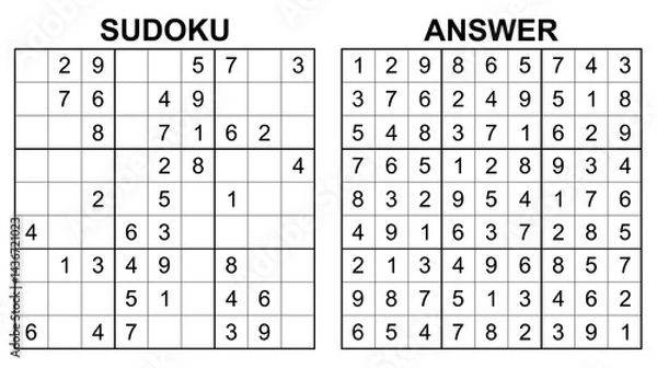 Fototapeta Vector sudoku with answer 44. Educational game with numbers for kids and leisure for adult on white background.