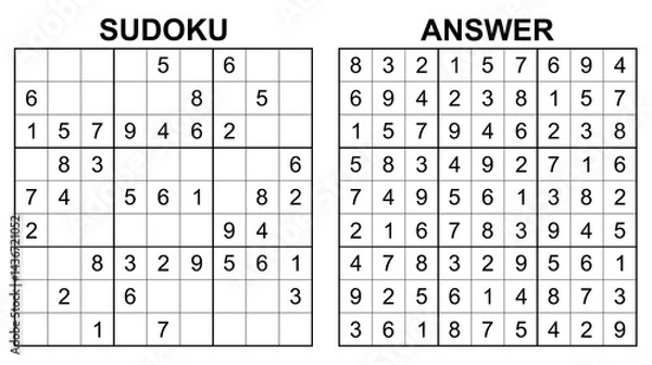 Fototapeta Vector sudoku with answer 46. Educational game with numbers for kids and leisure for adult on white background.