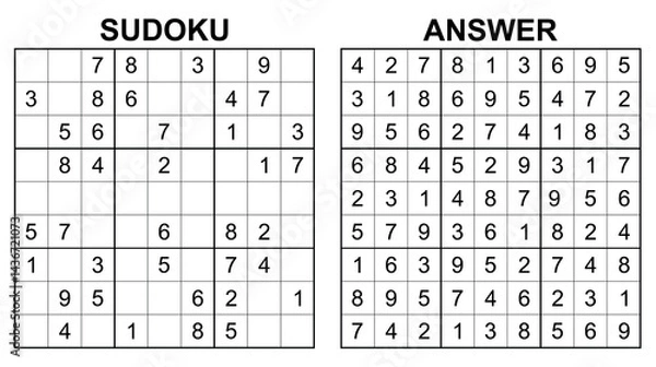 Fototapeta Vector sudoku with answer 45. Educational game with numbers for kids and leisure for adult on white background.