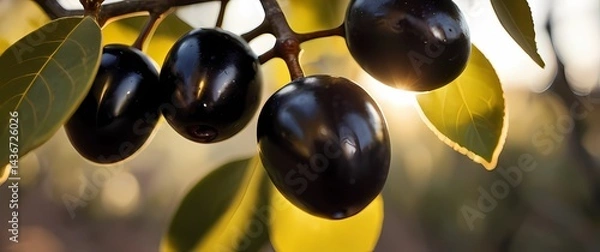Obraz Close up of ripe black olives hanging densely on gnarled branches with sunlit leaves glowing warmly