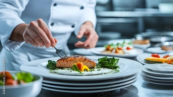 Fototapeta Expert Chef Skillfully Plating Fine Dining Salmon Dish