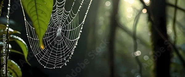 Fototapeta Close up macro capture of dew drops hanging from delicate spider web strands in vibrant rainforest scene