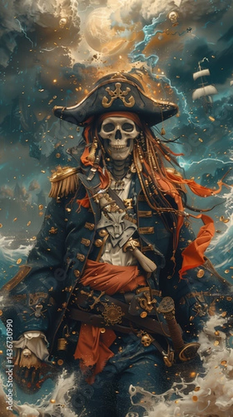 Fototapeta A pirate's skeleton surrounded by raging seas and gold coins. AI Generated