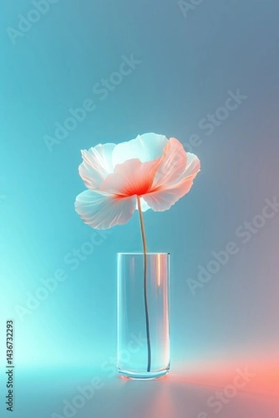 Fototapeta A minimalistic design of an elegant flower in a glass vase with a gradient background in light blue.