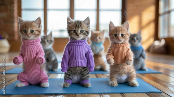 Fototapeta Kittens in colorful sweaters practice yoga on blue mats indoors. AI Generated