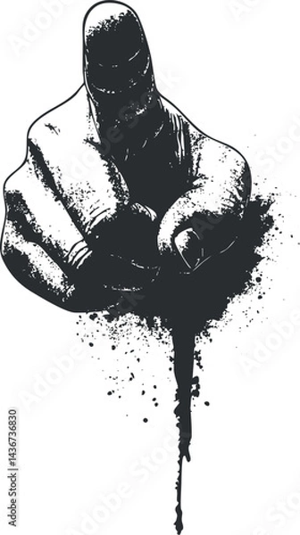 Fototapeta Black and white grunge style illustration of a hand with an index finger pointing forward isolated on white background