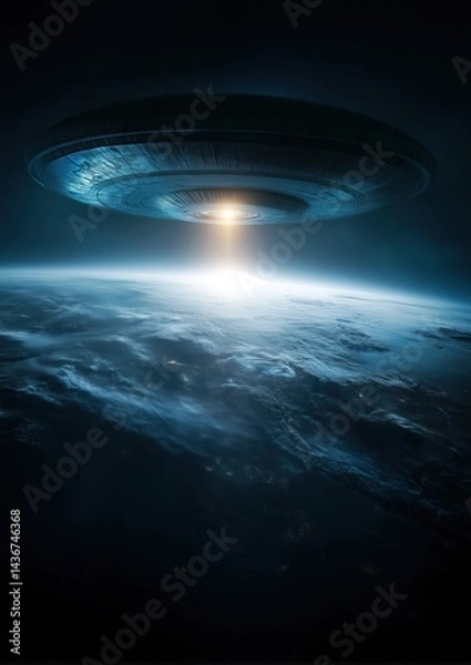 Fototapeta Une soucoupe volante gigantesque dans l'espace au-dessus de la Terre, fond sombre, lumière brillante sortant du dessous du vaisseau spatial, tons noirs et bleus, ambiance cinématographique.