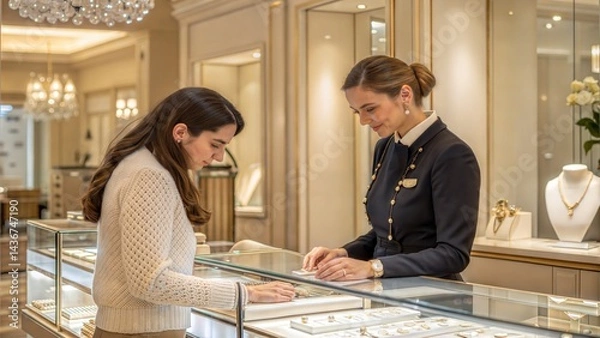 Fototapeta Jewelry Boutique Owner Assisting a Customer at the Display Counter (Jewelry)
