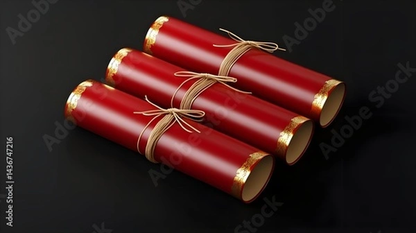 Fototapeta Stack of Red Scrolls with Gold Trim on Black Background