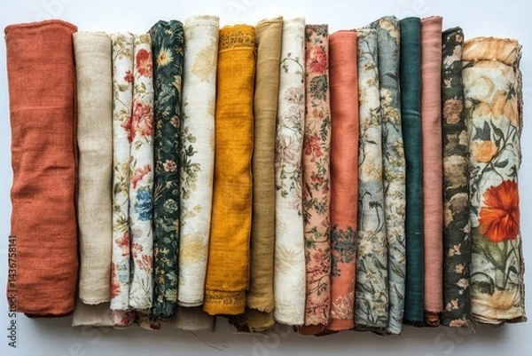 Fototapeta Assortment of rolled fabric bolts showcasing various floral and solid color patterns in autumnal hues.