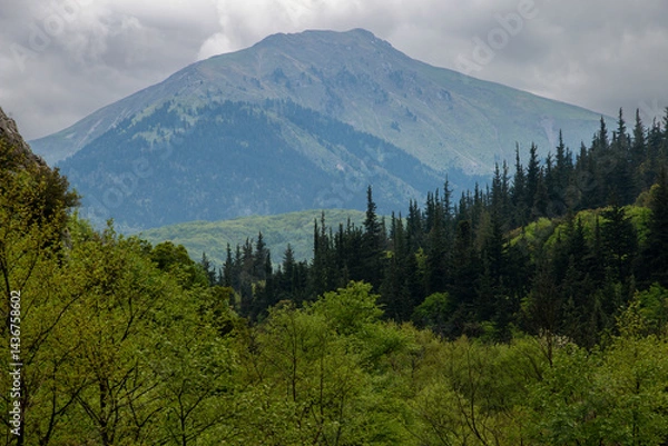 Fototapeta A view of  Pindus  mountains with peak karavoula. Mountain Landscape after rain. Spring time in Greece.