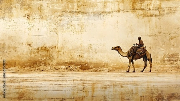 Fototapeta Man is riding a camel in a desert. The scene is peaceful and serene, with the man and camel moving slowly through the sandy landscape
