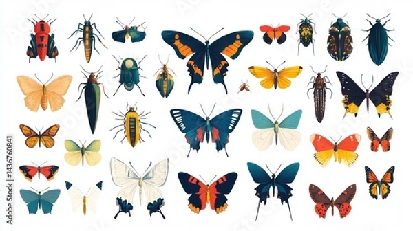 Fototapeta Colorful butterflies and insects collection, isolated on white, for educational use