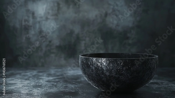 Fototapeta A dark textured bowl sits on a moody grey surface against a dramatic backdrop of deep charcoal creating a mysterious and