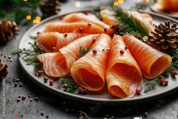 Obraz Delicious slices of smoked salmon arranged on a rustic plate, garnished with pine and peppercorns.