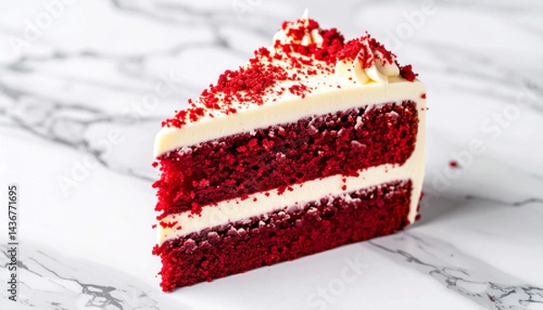 Fototapeta A slice of red velvet cake with vanilla frosting on a clean counter. AI