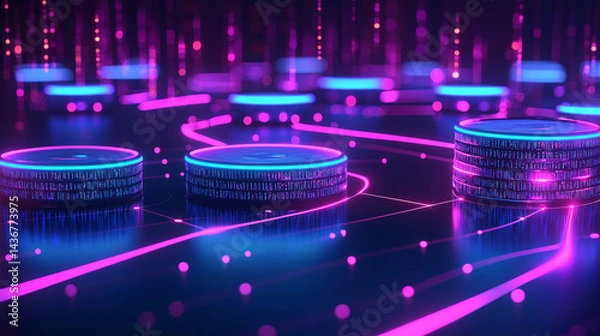 Obraz optimization of database storage. Digital coins with glowing lines and vibrant colors.