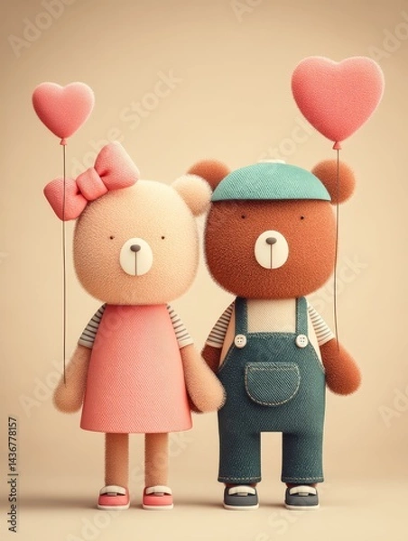 Fototapeta Two little cute and fluffy bears, one in a pink dress with a bow (a girl), and the other in denim overalls and a cap (a boy), playing with heart-shaped balloons.