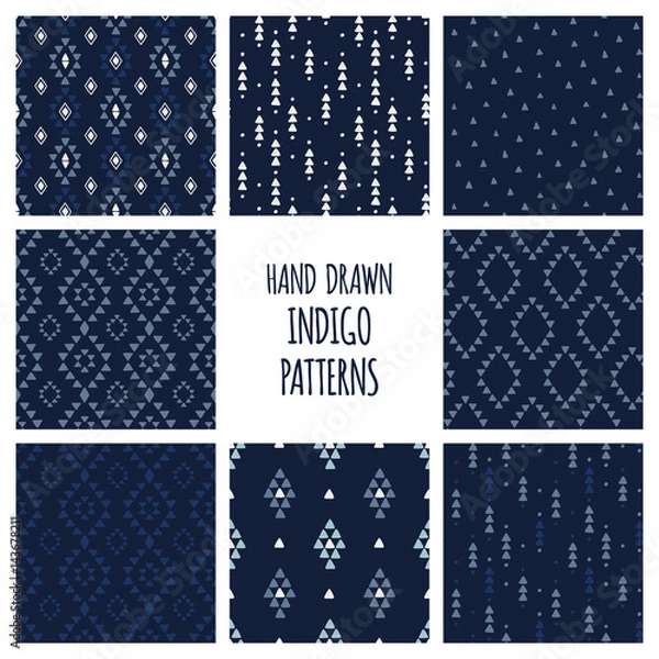 Fototapeta Set of hand drawn indigo blue patterns. Seamless vector aztec backgrounds with triangles, arrows, rhombuses and diamonds.