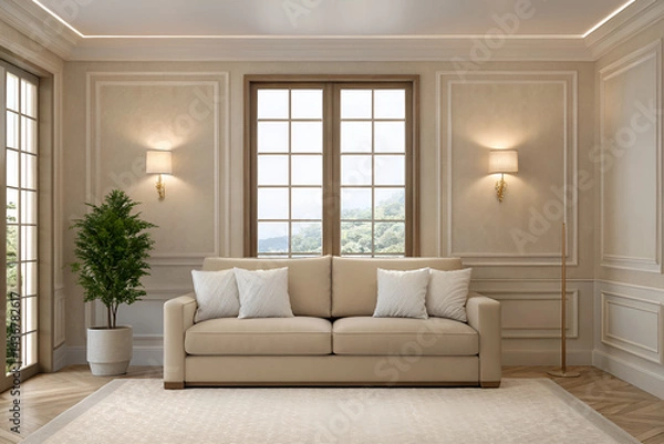 Fototapeta Cozy and stylish living room with a neutral color palette.