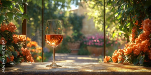 Obraz Rose wine glass rests on a stone ledge surrounded by vibrant flowers in a cozy gazebo setting