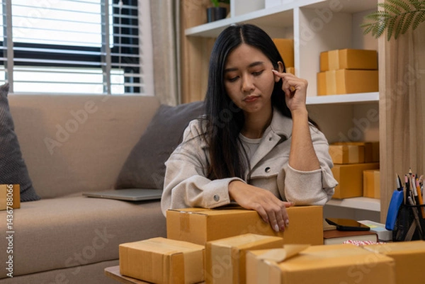 Fototapeta A woman is holding two boxes and smiling. She is sitting in front of a laptop. The boxes are brown and appear to be gifts. The woman seems happy and excited about the boxes
