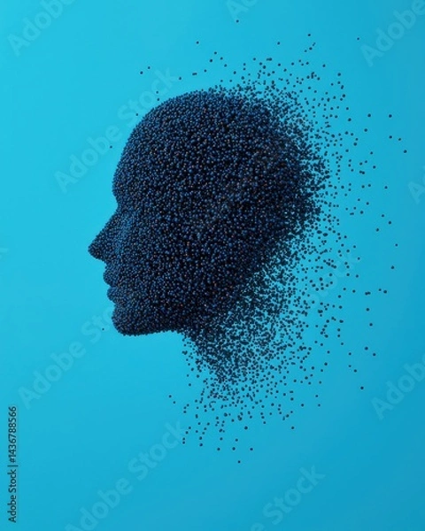 Fototapeta A human head silhouette dissolving into small particles on a blue background, symbolizing fragmentation or transformation.