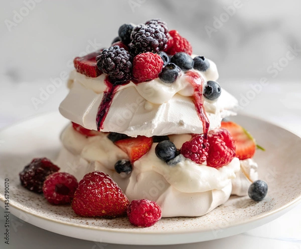 Obraz Spring berry pavlova dessert with cream and fruit