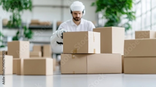 Obraz Worker and robot collaborate on package handling.  A worker in a  protective white hard hat and headphones,  assists a robotic arm in placing packages