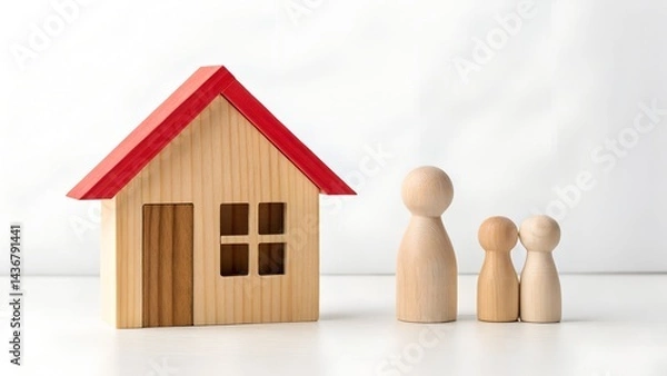 Fototapeta Home Sweet Home: A charming wooden house model stands alongside a family of wooden figures, evoking themes of home, family, and real estate security.