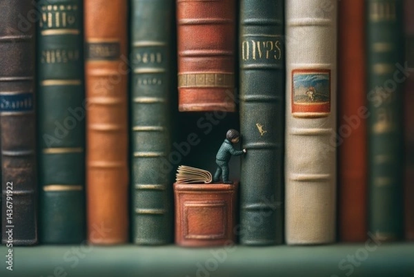 Fototapeta A miniature figurine explores a library, revealing the charm of storytelling through books.