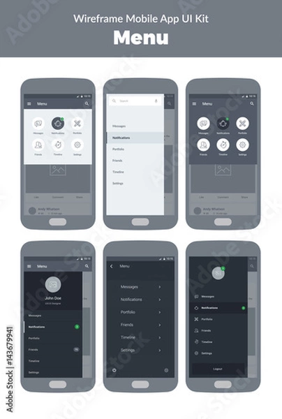 Fototapeta Wireframe UI kit for mobile phone. Mobile App. Menu screens