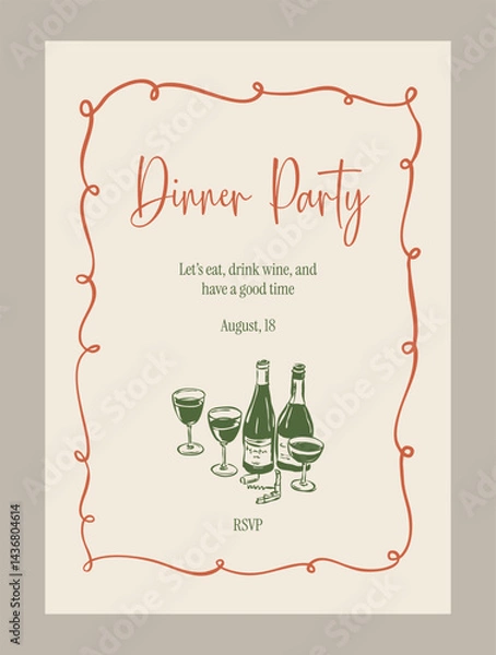 Fototapeta Dinner party invitation template. Matisse style beverage illustrations.	
