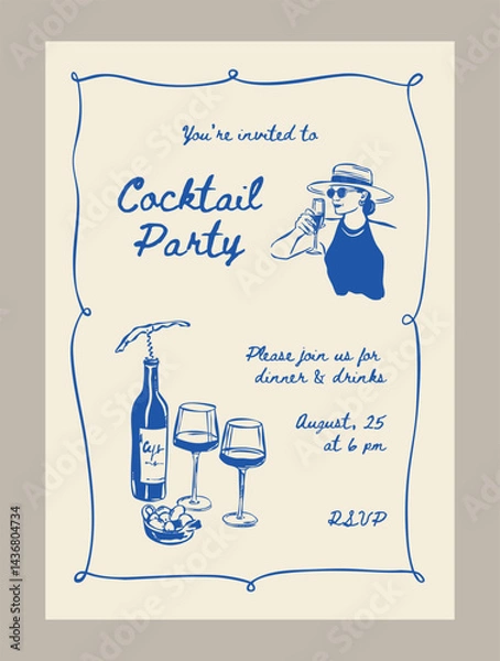 Fototapeta Cocktail party invitation template. Matisse style beverage illustrations.	
