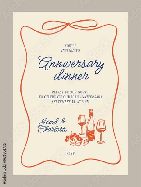 Fototapeta Anniversary dinner invitation template. Matisse style beverage illustrations.	