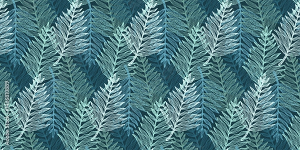 Fototapeta Sketch botanical overlay blue and green tropical fern leaves seamless pattern. Trendy vector linear multilayered exotic leaf print for textile, wrapping paper, surface, cover, web design, background
