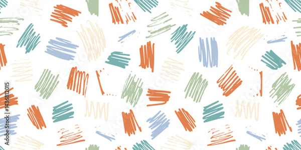 Fototapeta Cute colorful abstract vector textured hand drawn scribble lines square shape seamless pattern. Blue and orange colors squiggles print for kids textile design, wrapping paper, surface, background