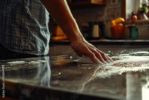 Obraz A young Caucasian man cleaning a kitchen countertop with soap, showcasing diligence and attention to cleanliness.