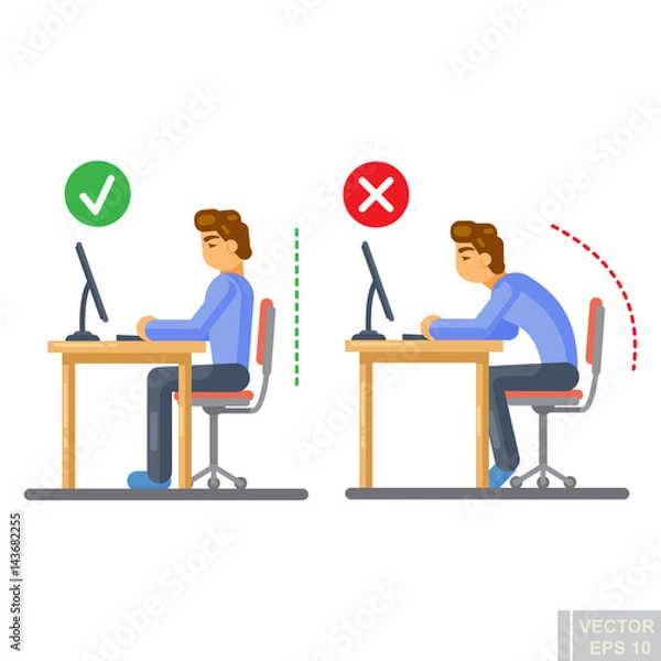 Obraz Vector - Correct body alignment in sitting working with computer Flat illustration