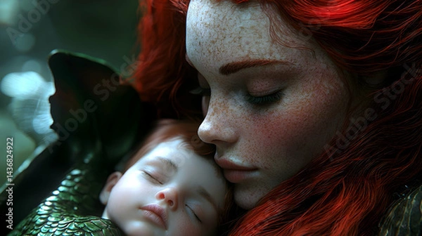 Obraz Mermaid Mother Tenderly Hugs Sleeping Baby