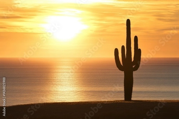 Fototapeta Silhouette of a saguaro cactus at sunset over a calm ocean, a serene desert scene.
